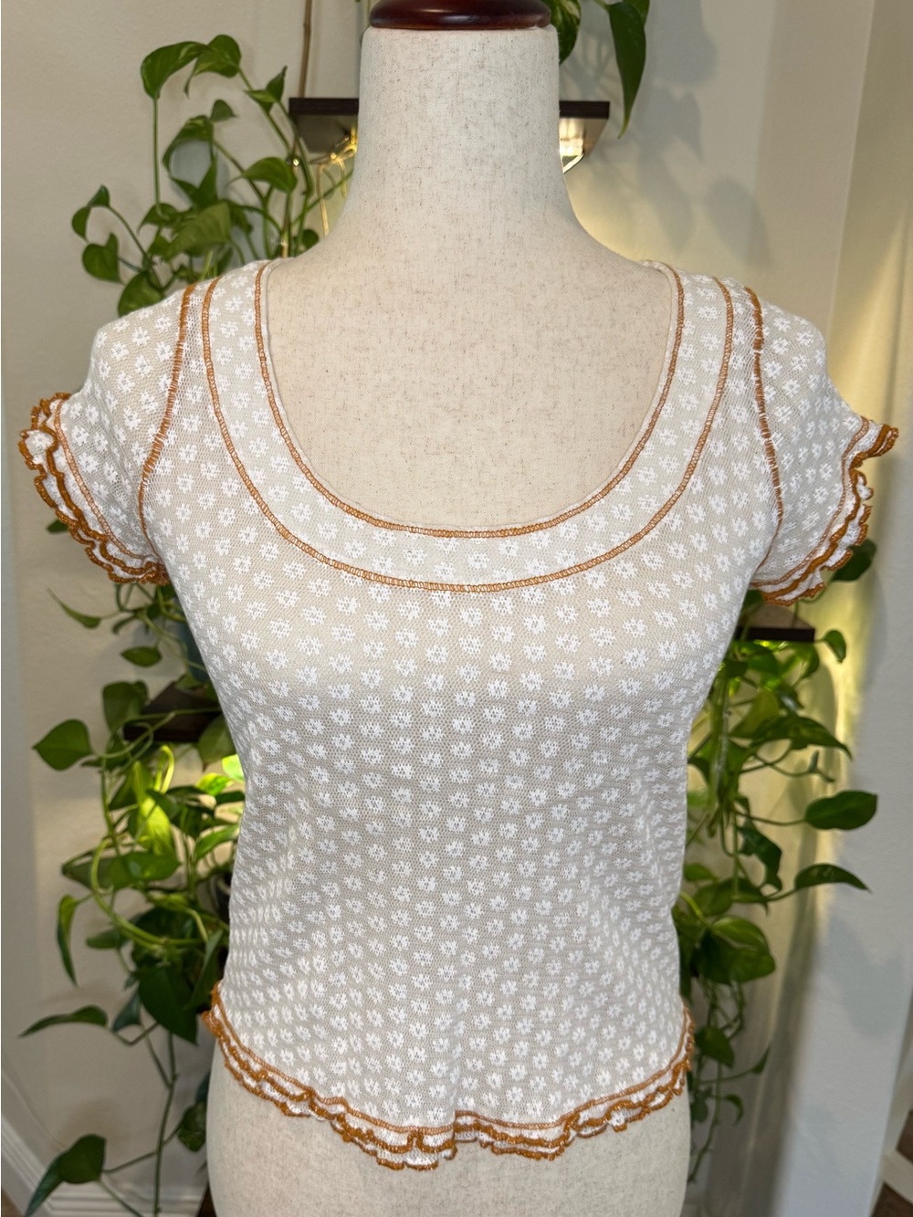 Free People White Floral Knit Scoop Neck Garner Tee